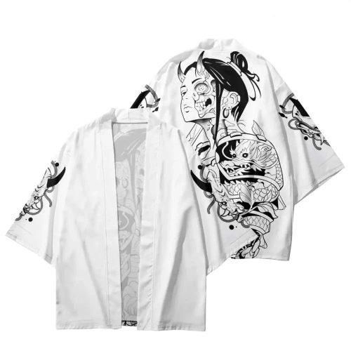 White Japanese-themed Skeleton Samurai Print Unisex Kimono