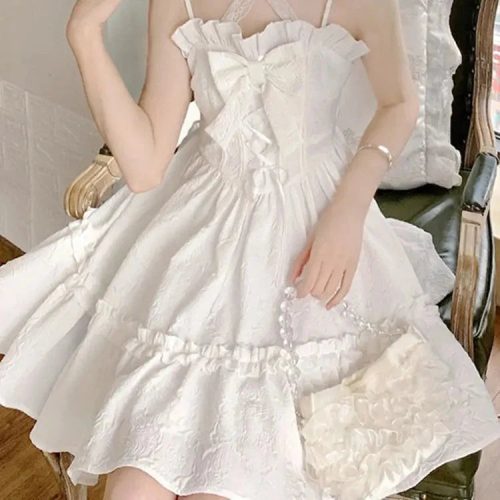 White Lolita Style Lace Bow Ruffles Women's Dress