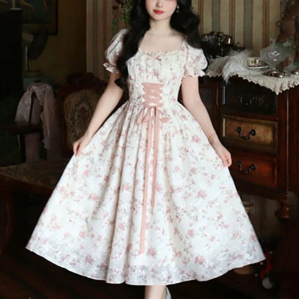 White Pink Cottage Lace Milkmaid Dress
