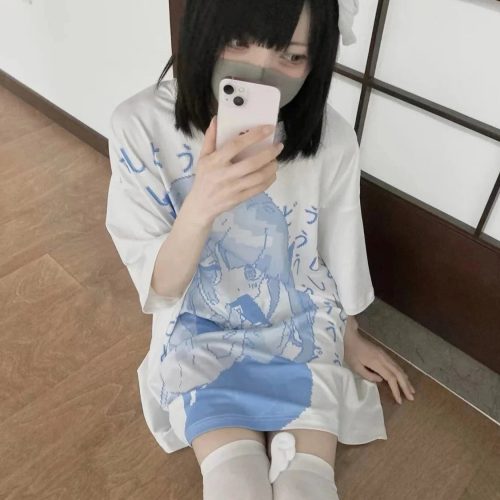 Y2k Japanese Anime Blue Girl Print Oversized Tee