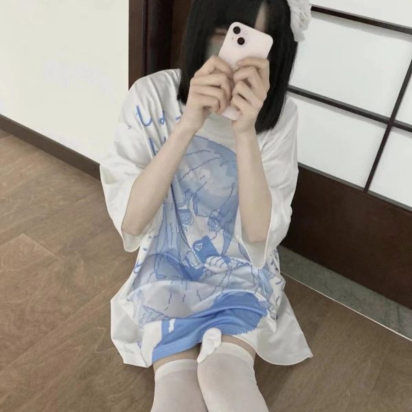 Y2k Japanese Anime Blue Girl Print Oversized Tee