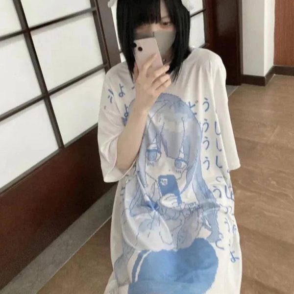 Y2k Japanese Anime Blue Girl Print Oversized Tee