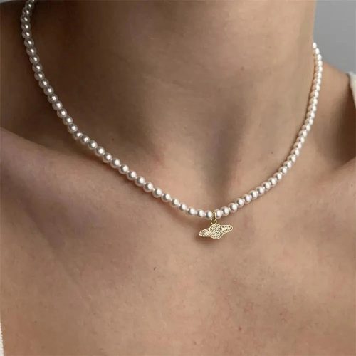 Y2K Pearl Choker Women's Saturn Pendant Necklace
