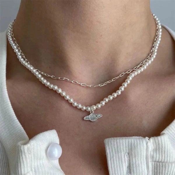 Y2K Pearl Choker Women's Saturn Pendant Necklace