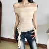Yellow Biege Floral Off-Shoulder Ruffle Long Tassels Top