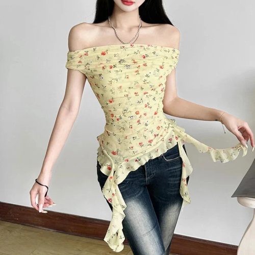 Yellow Biege Floral Off-Shoulder Ruffle Long Tassels Top